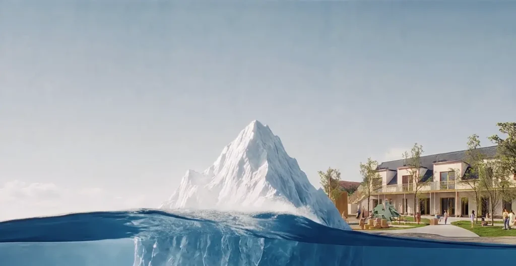 Eisbergspitze an der Wasserlinie, rechts die fertige Kindertagesstätte