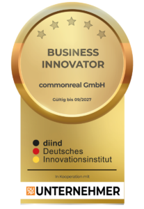 Goldenes Siegel „Business Innovator“ des Deutschen Innovationsinstituts diind für die commonreal GmbH, gültig bis 09/2027