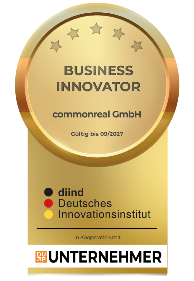Goldenes Siegel „Business Innovator“ des Deutschen Innovationsinstituts diind für die commonreal GmbH, gültig bis 09/2027