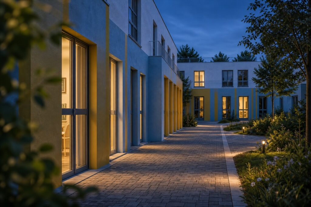 Beleuchteter Innenhof eines commonreal-Quartiers zur blauen Stunde: Laubengang mit warm erleuchteten Fenstern, gepflasterter Weg und bepflanzte Beete
