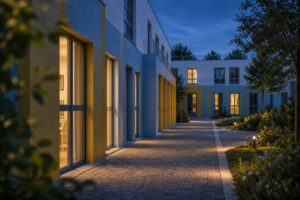 Beleuchteter Innenhof eines commonreal-Quartiers zur blauen Stunde: Laubengang mit warm erleuchteten Fenstern, gepflasterter Weg und bepflanzte Beete