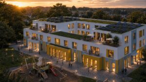 Abendliche Luftansicht des commonreal-Standorts Dortmund-Westerfilde: Kindertagesstätte im Erdgeschoss mit Spielplatz, darüber Betreutes Wohnen mit Dachterrassen und Photovoltaik